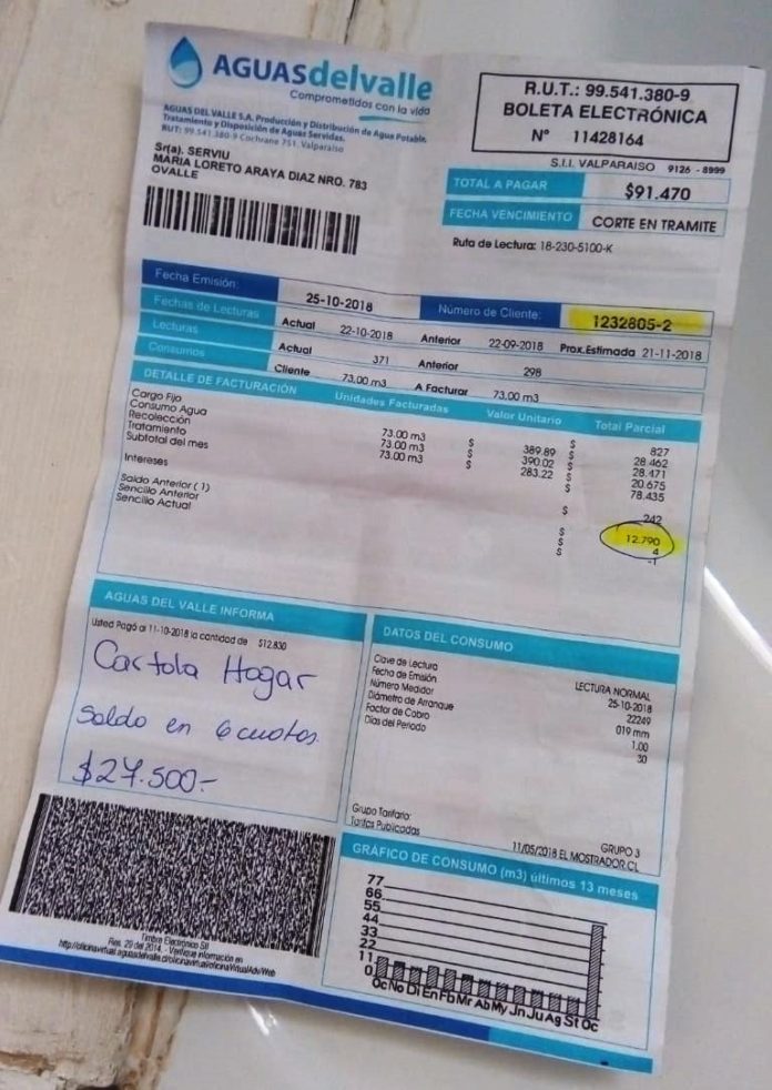 En la imagen, la boleta que Eduardo Tello deben pagar debido a la filtración del mes pasado.