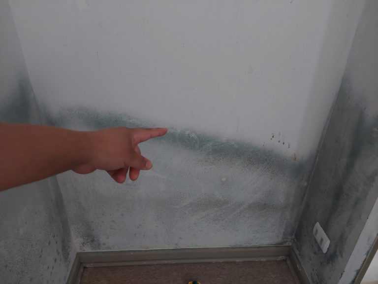 Una de las vecinas afectadas muestra el hongo que ha quedado en las paredes de su pieza, producto de la humedad de las filtraciones de agua.
